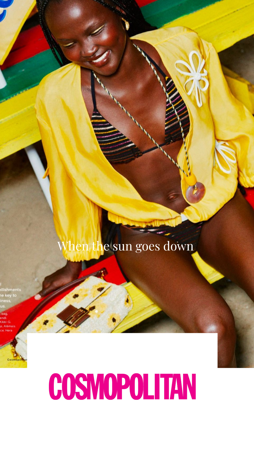 Editorial with smiling model wearing a Kikki-G bikini and colourful vintage and fashion clothing