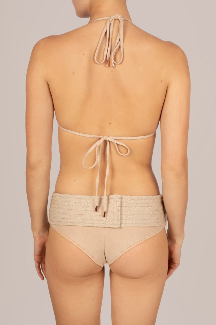 KIKKI-G Ursula beige medium coverage triangle bikini with high-waist briefs on model, back view