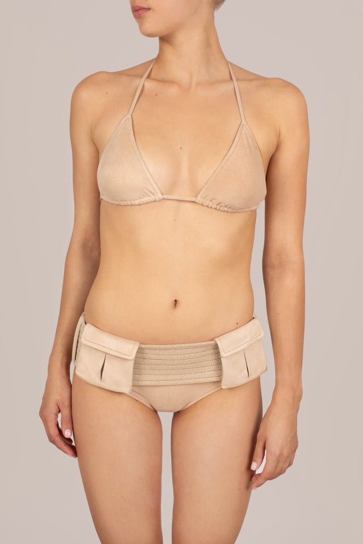 KIKKI-G Ursula beige medium coverage triangle bikini with high-waist briefs on model, front view